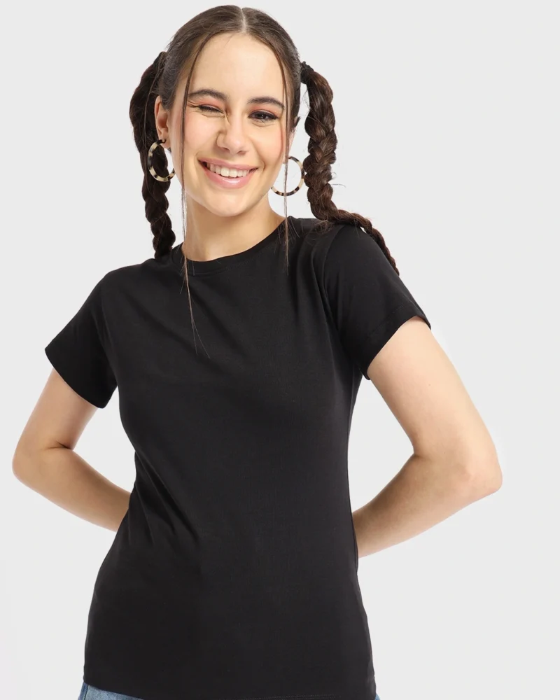 Women's Black Slim Fit Bio-Washed Cotton T-Shirt