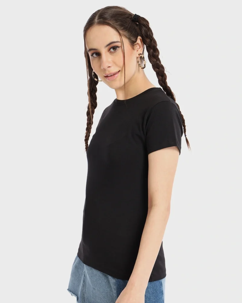 Women's Black Slim Fit Bio-Washed Cotton T-Shirt - Image 2