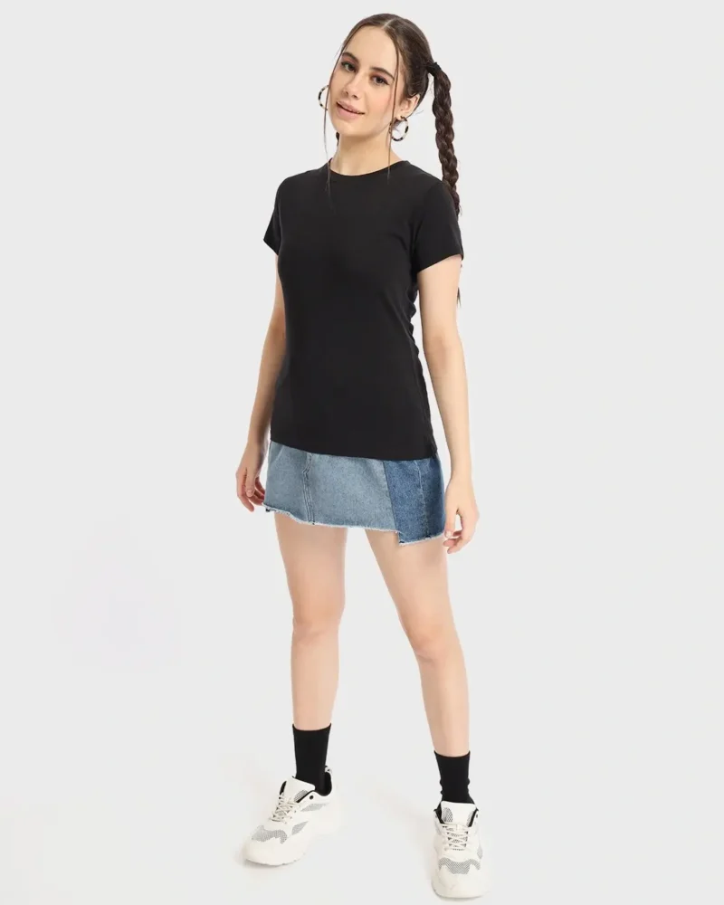 Women's Black Slim Fit Bio-Washed Cotton T-Shirt - Image 4
