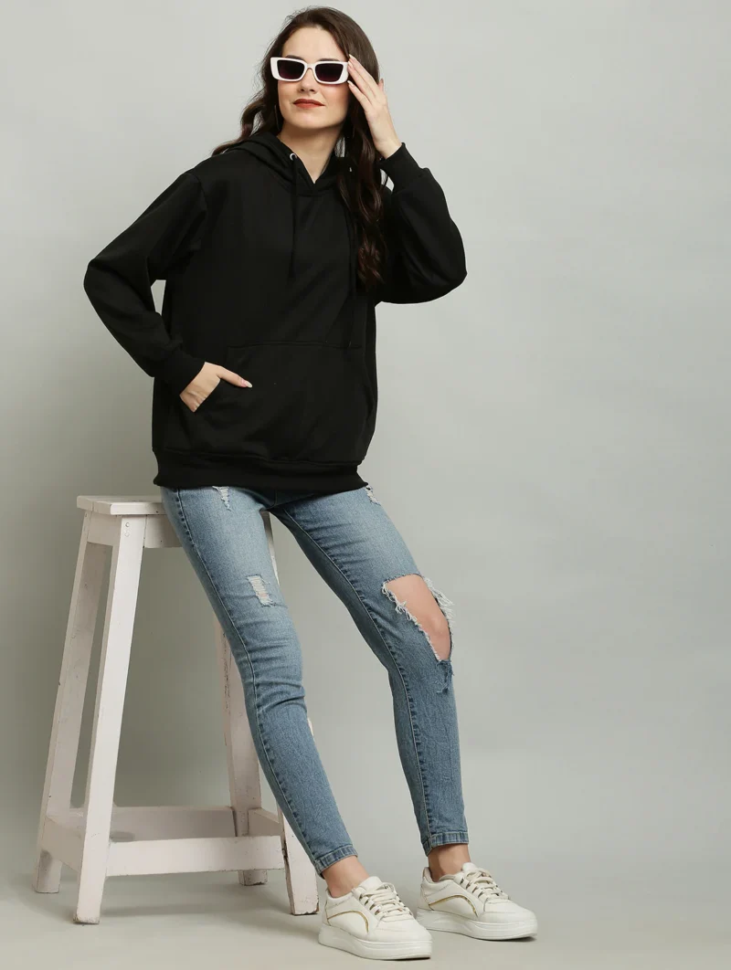 Women's Solid Black Hoodie - Image 3